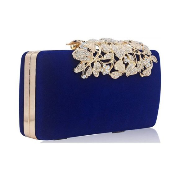 CLUTCH with Flower Closure Rhinestone Crystal Navy - Picture 2 of 7